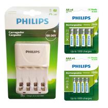 Carregador Philips com 4 Pilhas Aa 2500 mais 4 Pilhas Aaa 1000 Palito Recarregáveis RTU Bivolt Inmetro
