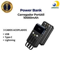 Carregador Portátil Rápido Bateria Power Bank 3 Cabos Com Pontas USB, TypeC e Lightning 22.5W PB203 Preto 10.000mAh Original