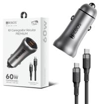 Carregador Premium Veicular Power Turbo 60w + Cabo duas pontas Tipo-c - Hrebos Premium