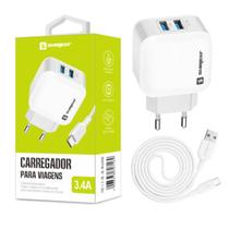 Carregador Rápido Completo Sumexr 3.4A Fonte 2 Entradas USB + Cabo Tipo C para Alcatel 5, 7, TCL Plex, 3X 2019