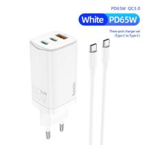 Carregador rápido Hoco. GaN 65W PD 2x USB-C + 1x USB-A C/ cabo USB-C/USB-C 1m,