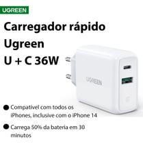 Carregador rápido Turbo 36w Dual USB-C USB Ugreen PD 3.0 + Qc 3.0 compatível c/ versões 30W 25W 20W