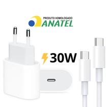 Carregador Turbo 30w Compatível com iPhone 15 15Pro 15ProMax 16 16Pro 16ProMax 17 17Pro 17ProMax USBC Bivolt Completo Cabo Fonte 30W Bivolt
