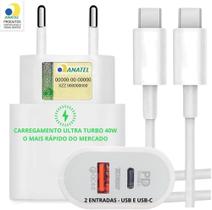 Carregador Turbo 40W Cabo Tipo-C 2 Entradas Compativel Todos Dispositivos Iphone 15/16 IOS Android Galaxy Carregamento Ultra Rapido Tipo-C Cabo USB-C