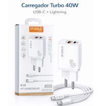 Carregador Turbo 40W PD QC3.0 Bivolt 2 USB + USB-C com Cabo Lightning Compatível Com iPhone Carregamento Rápido