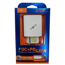 Carregador Turbo Duas Portas USBC e USB 48W com Cabo, Carga Rápida 6.1A, Compatível iOs 17 e 18, Android, Tablets e Notebooks