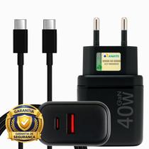 Carregador Turbo Duplo 40W USB e USBC Tipo C Bivolt Preto Compatível Android e iOS