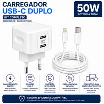 Carregador Turbo Fonte 50w UsbC Com Cabo 1M Resistente 2 Entradas USB C Lightning Carregamento Rapido Carregador Turbo Fonte 50w UsbC Com Cabo 1M Resistente 2 Entradas USB C Lightning Carregamento Rapido
