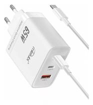 Carregador Turbo Porta tripla 2 USB-C e 1 USB-A + Cabo Usb C GaN Charger 65W High Quality