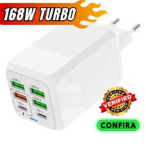 Carregador Turbo TipoC 4 USB 2 PD 168w Super Rápido Fast MI turbo charger 6 saídas com cabo PD Carregador Turbo TipoC 4 USB 2 PD 168w Super Rápido Fast MI turbo charger 6 saídas com cabo PD