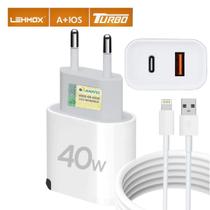 Carregador Ultra Turbo 40W e Cabo Tipo C x Lightning Compatível com iPhone 7 8 Plus XS XR 11 12 13 14 Pro Max Homologado Anatel