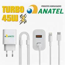 Carregador Ultra Turbo 45W e Cabo Tipo C x Lightning Compatível com iPhone 7 8 Plus XS XR 11 12 13 14 Pro Max Homologado Anatel Carregador Ultra Turbo 45W e Cabo Tipo C x Lightning Compatível com iPhone 7 8 Plus XS XR 11 12 13 14 Pro Max Homologado Anatel