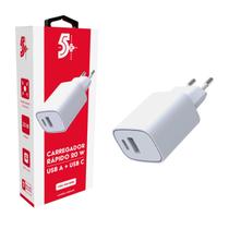 Carregador Ultrarrápido Duplo Usb A + Tipo C Power 20w Branco Carregador Ultrarrápido Duplo Usb A + Tipo C Power 20w Branco