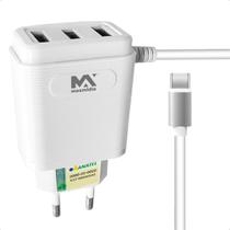 Carregador USB 3 Portas 4 8A com Cabo Tipo C 1 2 Metros Carregador USB 3 Portas 4 8A com Cabo Tipo C 1 2 Metros