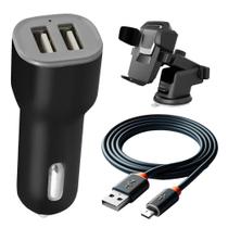 Carregador USB Veicular com Cabo Micro V8 Para Carro e Suporte Universal Veicular