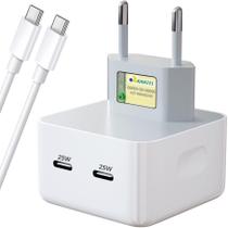 Carregador USBC Duplo 50W, Cabo 1M, PD 25W, Carga Rápida 8A, Compatível iOs 17 e 18, Android, Tablets e Notebooks