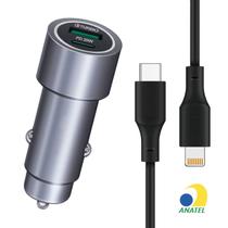 Carregador Veicular Duplo USB e Tipo C para Carro com Cabo 1M Preto
