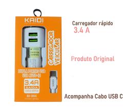Carregador veicular kaid 2 portas tipo c kd 303c