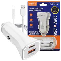 Carregador Veicular Turbo Carregamento Rápido USB E USBC com Cabo Carregador Original Inova