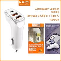 Carregador Veicular Turbo Fonte Com 3 Saídas 2 USB e 1 Tipo C Kaidi KD-304