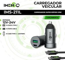Carregador Veicular Usb Tipo C 20W Super Rapido 12v 24v + Cabo Lightning IMS-211L