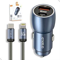 Carregador Veicular Usb Tipo C 60W Super Rapido 12v 24v + Cabo Lightning CJ13-2 Agold