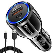 Carregador Veicular USB/Tipo-C Quick Charge 3.0 + Cabo Carregamento Rápido para Carro