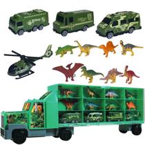 Carreta Dinossauro Braskit Com 8 Dinos + 3 Carrinhos + Helicóptero - Caminhão Cegonha Maleta Com Alça Para Transporte