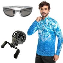 Carretilha Esquerda 7.01 Pro Tsuri Laser com Óculos Polarizado e Camiseta Azul para Pescaria Completa