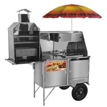 Carrinho 3 em 1 Cefaz Hot Dog, Lanche Churrasco Luxo Inox Rodas Pneumáticas e Guarda Sol LC12P/GS