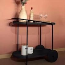 Carrinho Adega Bar Decorativo Oval Aço Preto Prateleira Preta Carrinho Adega Bar Decorativo Oval Aço Preto Prateleira Preta