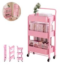 Carrinho Auxiliar Manicure Rosa Dobrável Metal 3 Prateleiras Com Rodas Multiuso