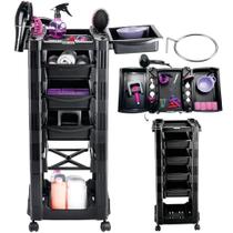 Carrinho Auxiliar Multiuso Belle Nova 4 Gavetas Abertura Bilateral com Bandejas Retráteis, Rodízios e Suporte Secador para Salão, Barbearia, Estética
