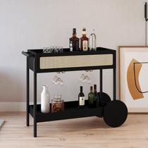Carrinho Bar 1 Gaveta 112cm com Porta Taças Palhinha Pé Madeira Oslo