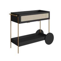 Carrinho Bar 1 Gaveta Oslo Artesano 112 cm (larg) MDP Nero Palha Sintética Bege Pé Metal Dourado