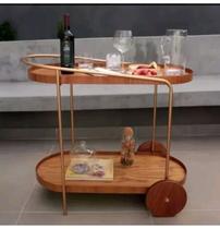Carrinho Bar Adega Oval com 2 Prateleiras Aço Dourado com Madeira Laminada Carrinho Bar Adega Oval com 2 Prateleiras Aço Dourado com Madeira Laminada