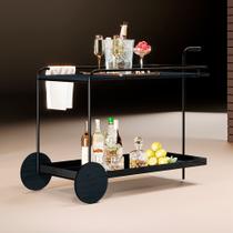Carrinho Bar Agnes com Rodízios e Prateleiras Ébano Estrutura Metálica Preto