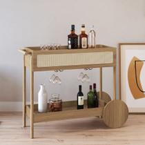 Carrinho Bar Eros 1 Gaveta 112cm c/ Porta Taças Palhinha Pé Madeira Boho Móvel na Caixa Carrinho Bar Eros 1 Gaveta 112cm c/ Porta Taças Palhinha Pé Madeira Boho Móvel na Caixa