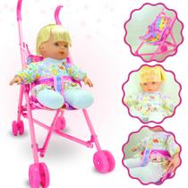 Carrinho + Boneca Brinquedo Rosa Bebe Menina Reborn Infantil