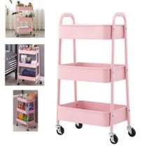 Carrinho com 3 cestas organizadoras multiuso para manicure sala cozinha brinquedos em aço rosa - MAKEDA