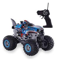 Carrinho Controle Remoto Big Monster Tubarão Azul 4x2 com Luzes e Solta Fumaça Polibrinq
