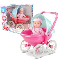 Carrinho de Bebê com Capota Móvel Boneca Articulada Vinil