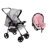 Carrinho de Bebê De Passeio Milano Rv II Cinza + Bebê Conforto Grid Rosa C/ Capota Leve Galzerano