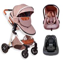 Carrinho de bebe europeu luxo 3 em 1 ares + bebe conforto marrom + base aconchego - passear baby