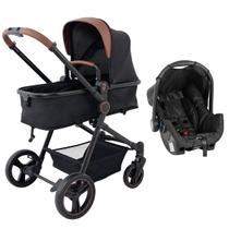 Carrinho de Bebê Galzerano Ivy DUO Berço Passeio Moisés com Bebê Conforto Travel System Reclinável Viagem 0 a 15 Kg Preto Caramelo Fecha com Uma Mão