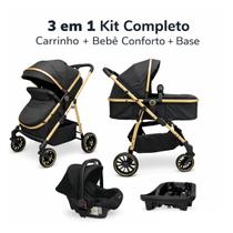 Carrinho de Bebê Move Travel System 3 Em 1 Passear Baby Preto e Dourado + Base Veicular E Bebê Conforto