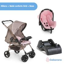 Carrinho de Bebê Passeio Berço Reversível 0 a 15Kg Milano Rosa Cappuccino com Bebê Conforto Grid Rosa e Base para Automó