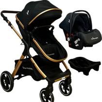 Carrinho de Bebê Premium Baby Kansas 3 em 1 Berço Passeio Moisés com Bebê Conforto Travel System TRIO Reclinável Leve 15 Kg Preto Gold com Base Carro