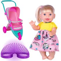 Carrinho de Boneca 3 rodas Plastico Ninos Reborn + Boneca 31CM Eloah com Cabelo + Mola de Brinde