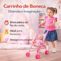 Carrinho de Boneca Infantil Dobrável Rosa Brinquedo Menina Leve